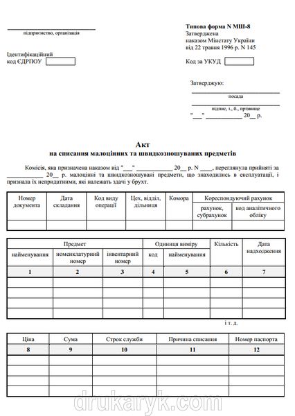 Акт на списання малоцінних та швидкозношуваних предметів МШ-8 1063 фото