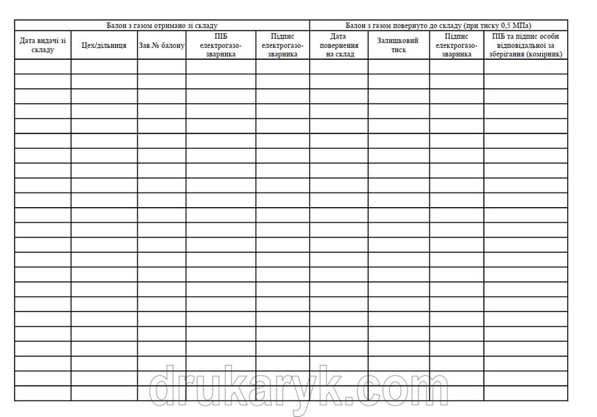 Журнал обліку руху балонів з газами по цехам та дільницям 1089 фото