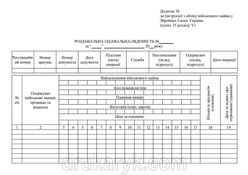 Роздавальна (здавальна) відомість, додаток 58, А4 1+1 1303 фото