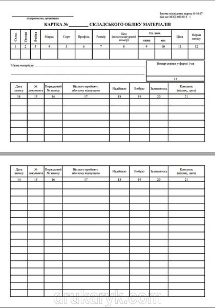 Картка складського обліку матеріалів М-17 А5 1+1 на картоні 777 фото
