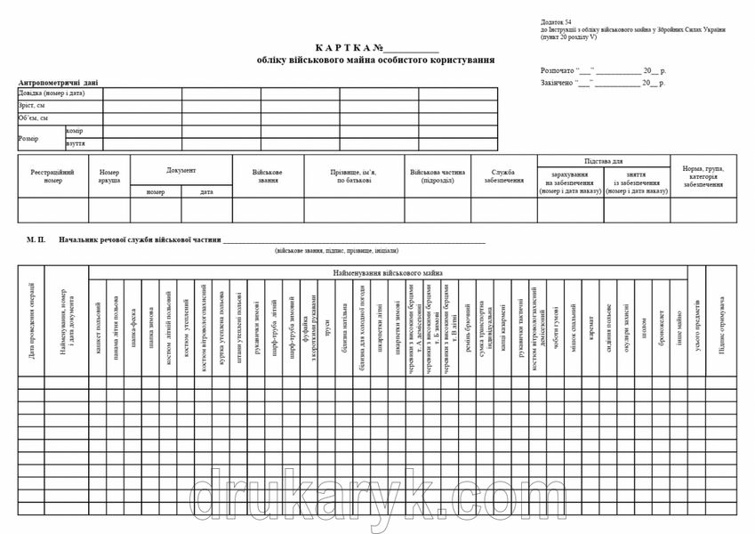 Картка обліку військового майна особистого користування, додаток 60, А3 1+1 1110 фото