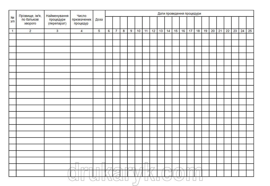 Журнал обліку процедур. форма 029/о 1040 фото