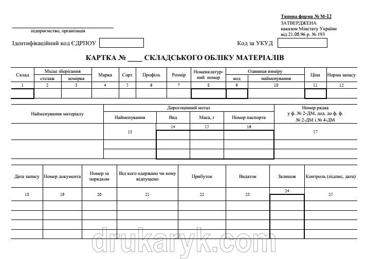 Картка складського обліку матеріалів М-12 А5 1+1 на картоні 785 фото