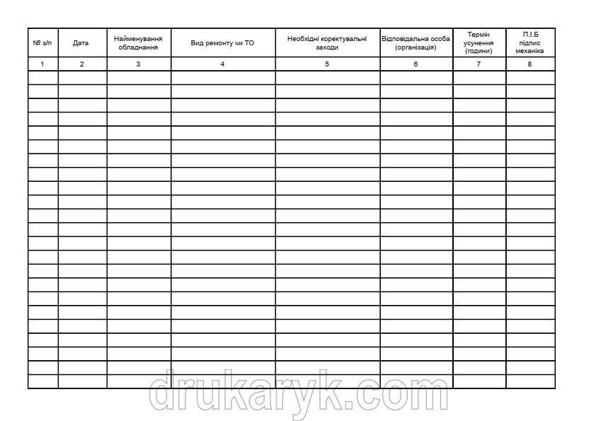 Журнал технічного обслуговування обладнання та устаткування П 52 П052 фото