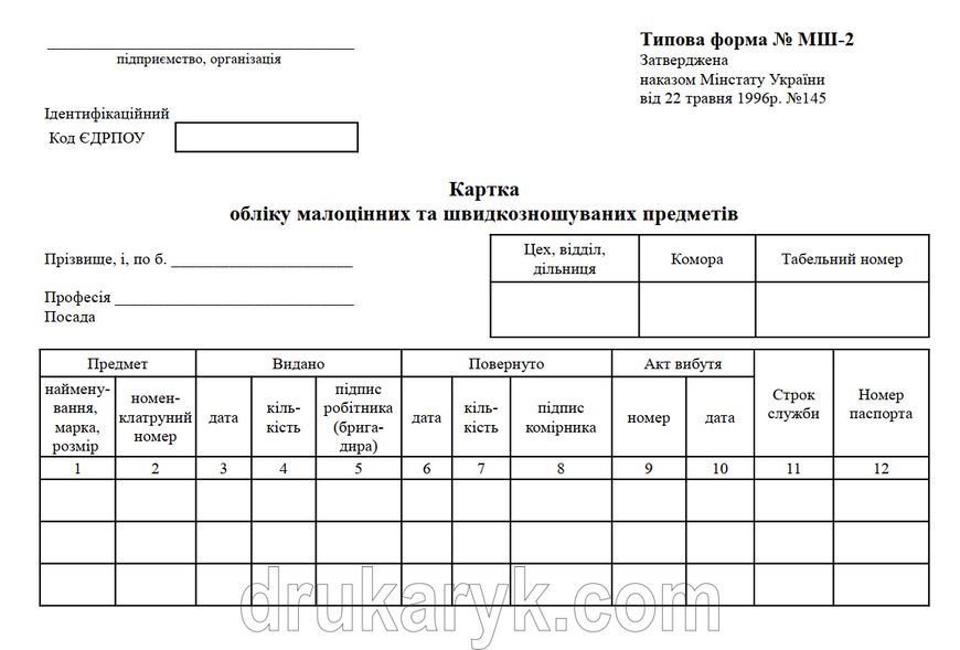 Картка обліку малоцінних та швидкозношуваних предметів МШ-2 1059 фото